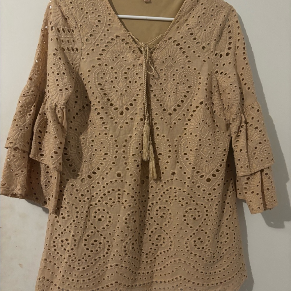 Reba Tan 3/4 Sleeve Ruffled Tie Front Tunic